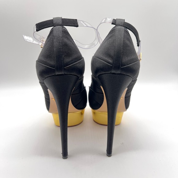 CHARLOTTE OLYMPIA Heels Womens 37 Black Gold Satin Pump Platform Ankle Strap - Picture 4 of 15